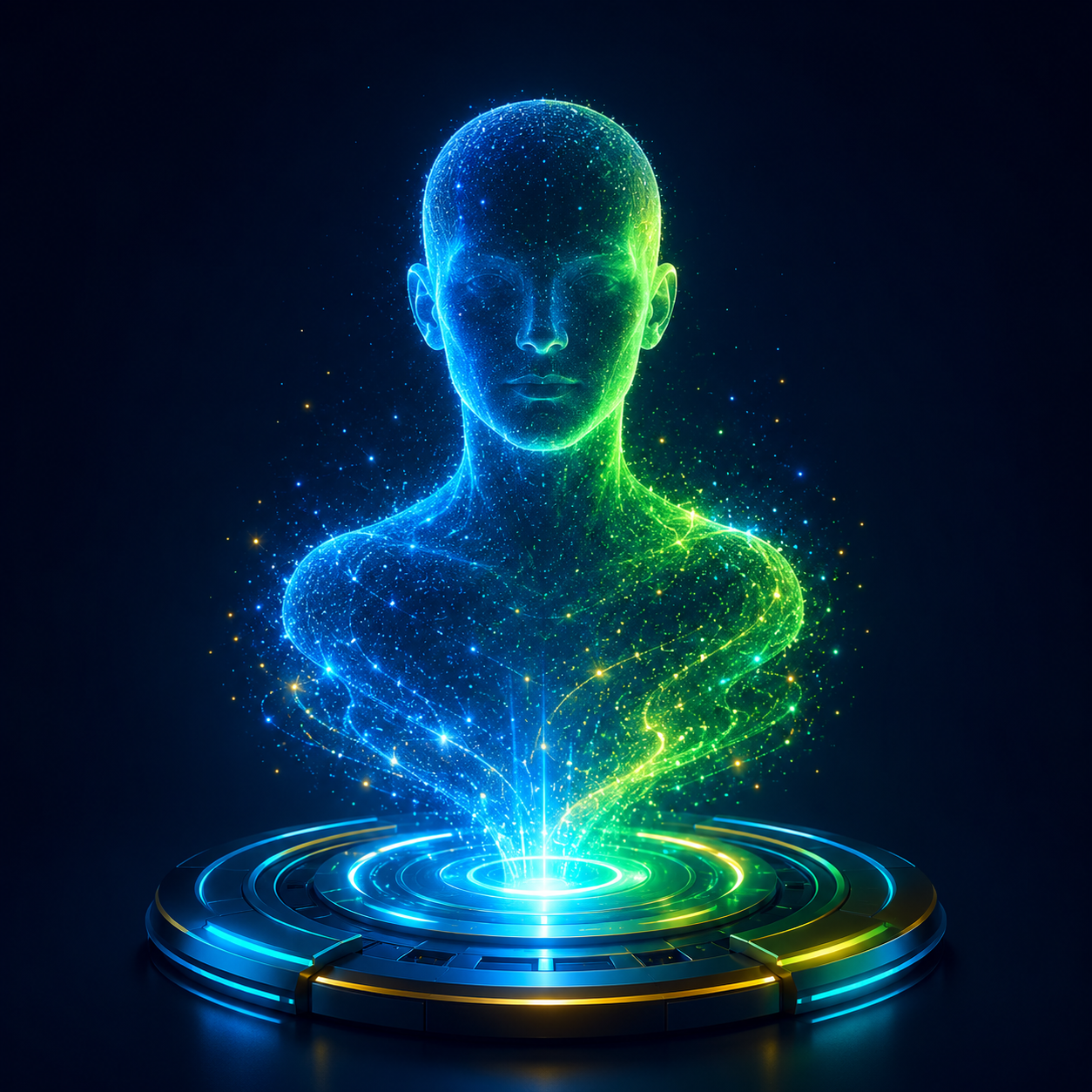 Holographic AI clone bust rising from a glowing platform