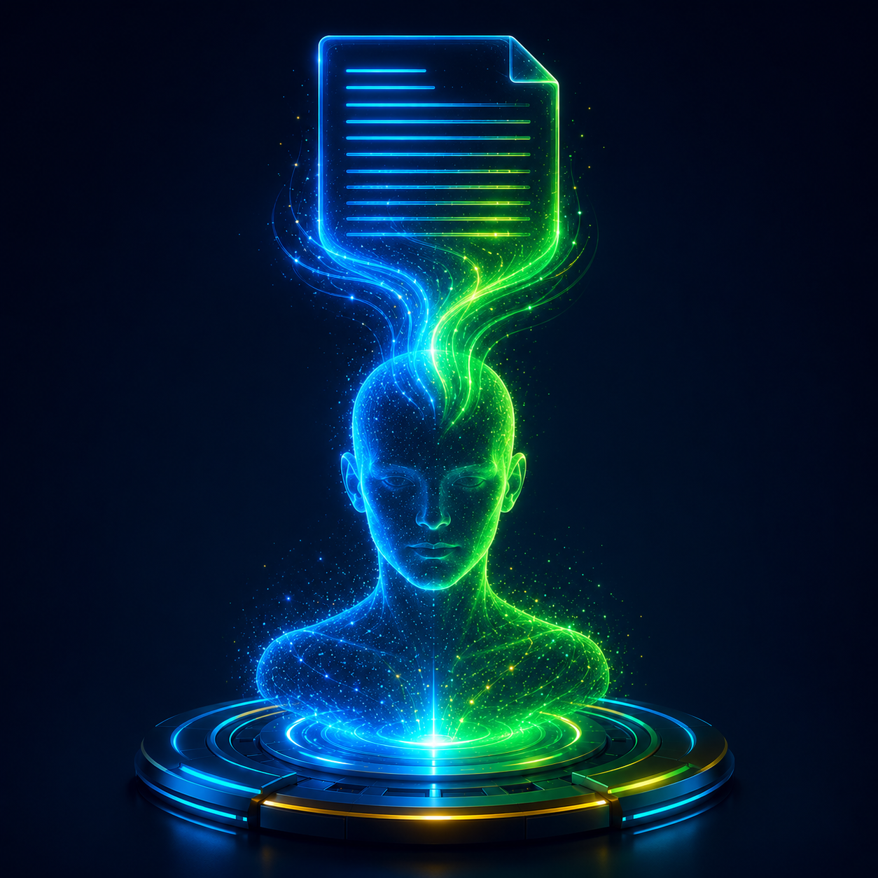 AI clone with a glowing script document streaming from its mind