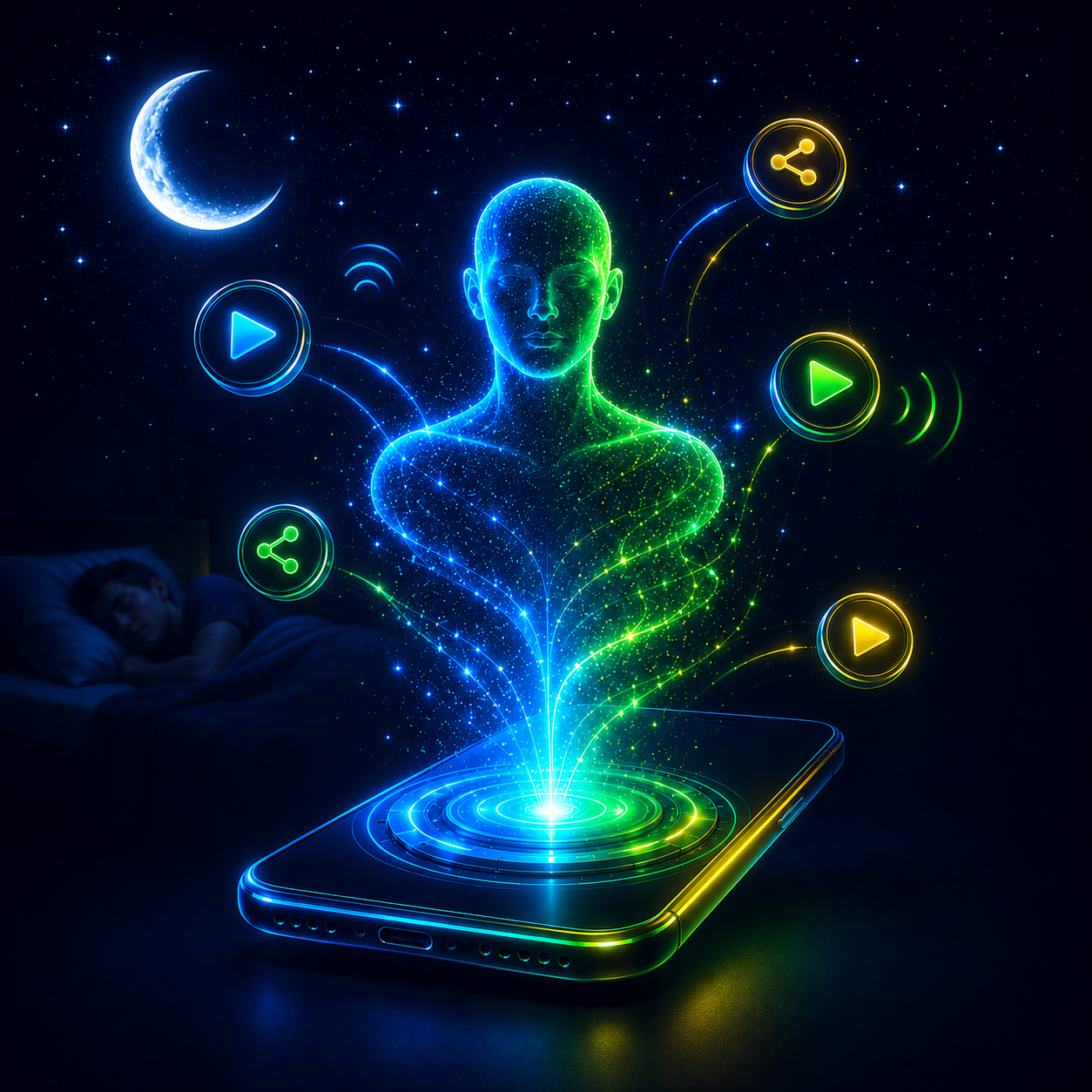 AI clone broadcasting from a phone while a person sleeps